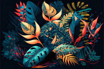 Fototapeta na wymiar Beautiful colorful tropical leaves. Abstract background or wallpaper. Printable artwork. Generative AI.