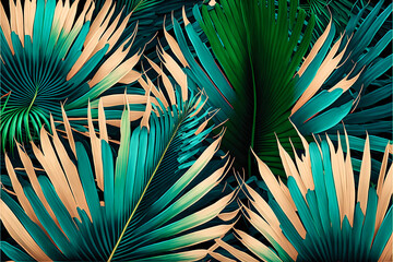 Fototapeta premium Beautiful colorful tropical leaves. Abstract background or wallpaper. Printable artwork. Generative AI.