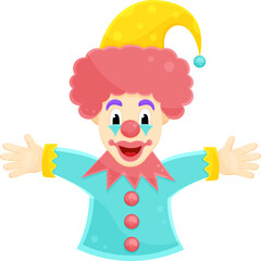 bright vector illustration funny clown, circus performer, friendly character, april fools day