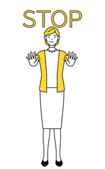 ストップの合図、体の前に手を突き出す定年退職したシニア・中年女性