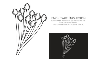 hand drawn monoline vector illustration.
enokitake mushroom.
whith appearance in negative space.