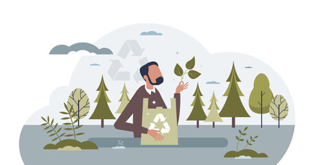 Bioplastics usage for sustainable bio packaging materials tiny person concept, transparent background. Nature friendly and environmental product package with recyclable plastic illustration.