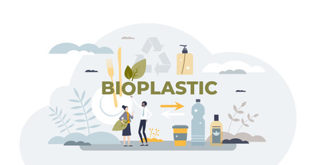 Bioplastics material usage for recyclable eco packaging tiny person concept, transparent background. Green and ecological bio plastics material with biodegradable bottles illustration.
