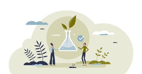 Biotech science as biological technology research work tiny person concept, transparent background. Experiment with plant molecular analysis and modification for medical herb purpose illustration.