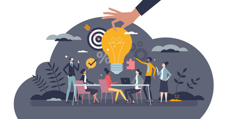 Brainstorming office team and new idea generating process tiny person concept, transparent background. Creative and innovative marketing discussion and conversation illustration. - obrazy, fototapety, plakaty