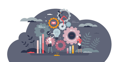 Business operation workflow and process management tiny person concept, transparent background. Company organization, control and monitoring with effective work flow illustration. - obrazy, fototapety, plakaty