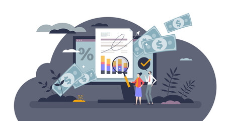 Cash flow as finances planning or money movement analysis tiny person concept, transparent background. Company turnover, profit or savings budget balance from accounting illustration.