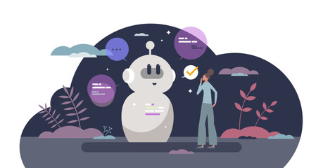 Chatbot answering user prompts with AI communication tiny person concept, transparent background. Chat bot technology for customer support and automatic help center illustration. - obrazy, fototapety, plakaty