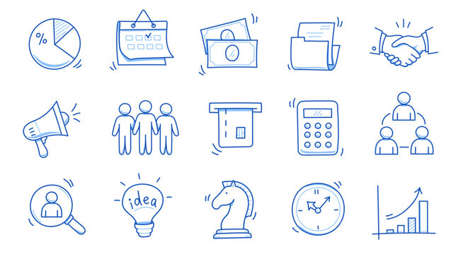 Doodle business icon set. Doodle business, finance, office teamwork concept. Calendar, calculator, chart element. Hand drawn sketch style vector illustration