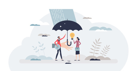 Employee assistance program and support from company tiny person concept, transparent background. Labor wellbeing and wellness protection with healthcare, financial.