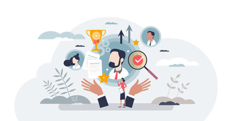 Employee talent management and career development tiny person concept, transparent background. Professional job opportunity from company human resources illustration. Best successful sales leader.