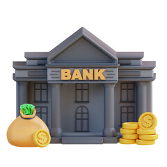 3d Illustration of bank building and money bag