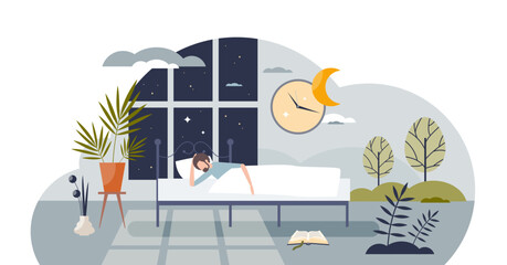 Getting enough sleep with healthy daily bedtime routine tiny person concept, transparent background. Health and mental care with normal lifestyle. - obrazy, fototapety, plakaty