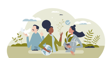 Green eco life community with ecological lifestyle tiny person concept, transparent background.