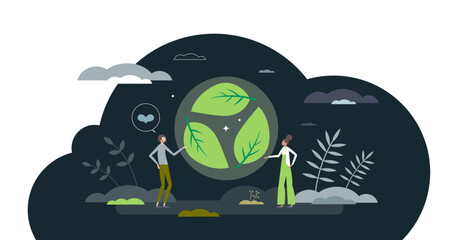 Green leaf recycle symbol for environmental materials tiny person concept, transparent background. Recycling organic products for sustainable and nature friendly ecosystem illustration.
