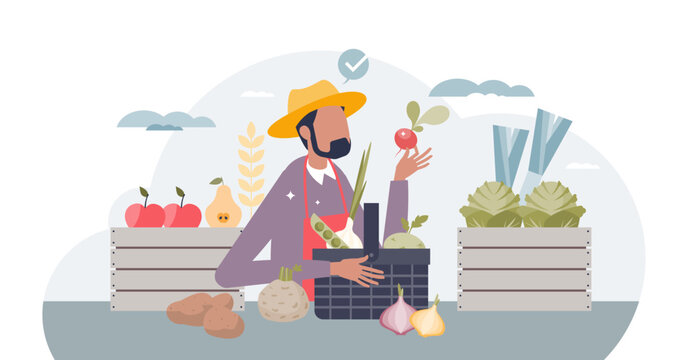 Farmers market scene with local food or grocery supplier tiny person concept, transparent background. Ecological, fresh and natural vegetables, fruits and products from kiosk illustration.