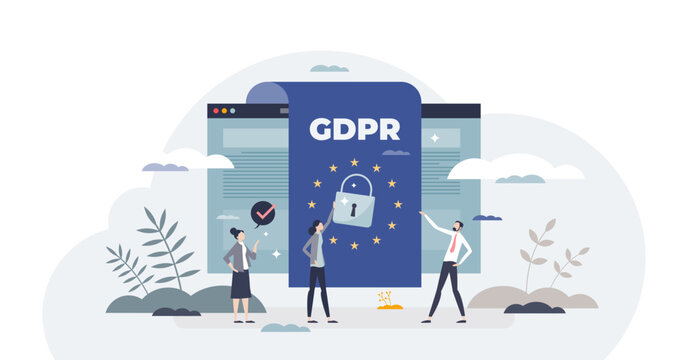 GDPR or general data protection regulation as EU law tiny person concept, transparent background. Personal informational privacy with european union legal act illustration.