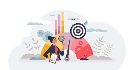Key performance indicator or KPI for business success evaluation tiny person concept, transparent background. Professional company analysis and review for satisfaction report illustration.