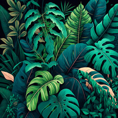 Beautiful colorful tropical leaves. Abstract background or wallpaper. Printable artwork. Generative AI.