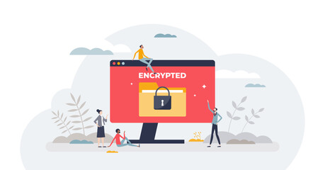 Ransomware hacker attack to encrypted personal files tiny person concept, transparent background. Computer infection risk with device privacy threat to extort cryptoviral money illustration.