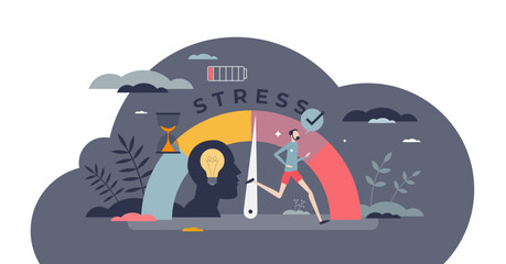 Reducing stress level with sport for mental health tiny person concept, transparent background. Emotion control with activities and job frustration reduction illustration. - obrazy, fototapety, plakaty