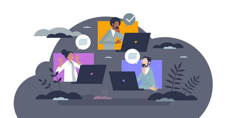 Remote collaboration and distant team communication tiny person concept, transparent background.Teamwork project with online meeting and video call conference illustration.