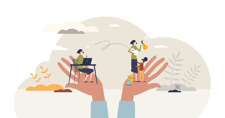 Work life balance for female with career and children tiny person concept, transparent background. Woman with kids and house cleaning tasks compared to professional job choice illustration.