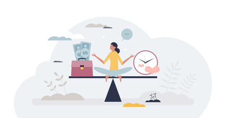 Work and life balance with career and relationship scale tiny person concept, transparent background. Compare time for romantic recreation and professional ambitions illustration.