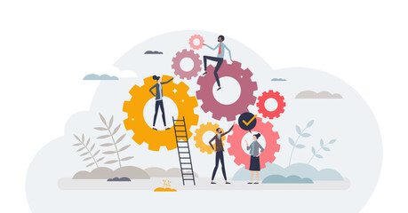 Workforce development and teamwork collaboration process tiny person concept, transparent background. Team interaction for successful and effective work illustration. - obrazy, fototapety, plakaty