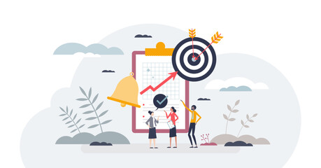 Working on project for effective goal accomplishment tiny person concept, transparent background. Teamwork job with productive time management. © VectorMine