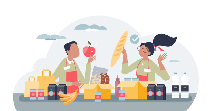 Volunteering at food bank and give groceries to poor tiny person concept, transparent background. Homeless community support with cans, vegetables, bread and water supplies illustration.