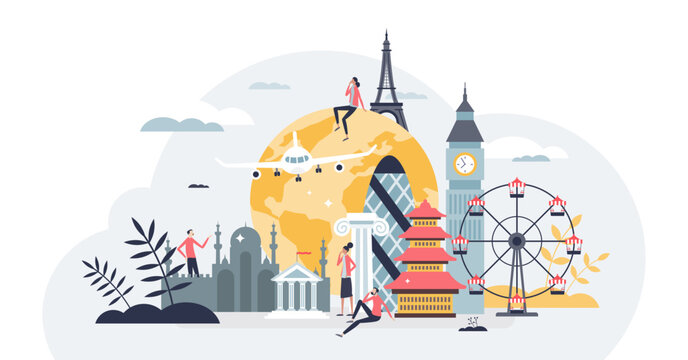 World tourism and global travel with symbolic heritage places tiny person concept, transparent background. London, Paris, Rome and other historical tourist buildings.