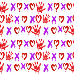 Seamless pattern of handmade watercolor lettering hoho with a heart and a child's palm on a white background. Hand drawn doodle Hearts and words of love.