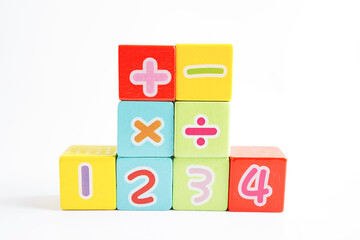 Number wood block cubes for learning Mathematic, education math concept.