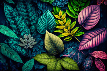 Beautiful colorful tropical leaves. Abstract background or wallpaper. Printable artwork. Generative AI.