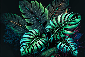 Naklejka na ściany i meble Beautiful colorful tropical leaves. Abstract background or wallpaper. Printable artwork. Generative AI.