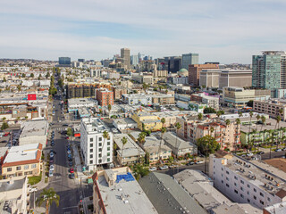Los Angeles, California – February 17, 2023: aerial city view drone photo toward Western Ave and Wilshire Blvd in Koreatown LA showing Korean shops, apartments, homes, streets, buildings