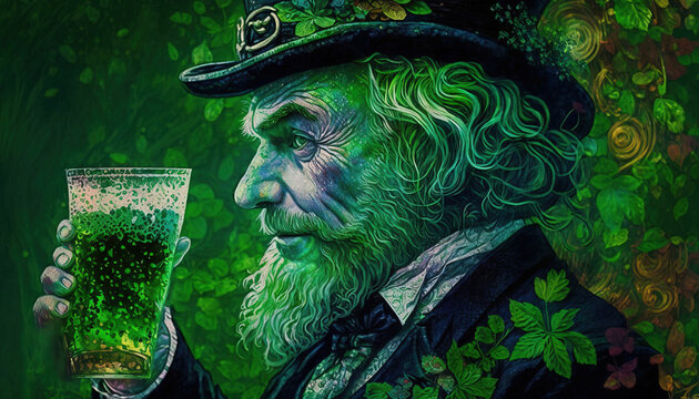 St. Patrick's day celebration background. Leprechaun man in the green hat with green beer pint Generative ai