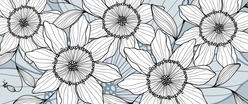 Stylish vector floral background with beautiful flowers, branches and leaves for decor, covers, backgrounds, postcards