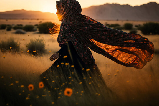 Rear view of Muslim woman wearing hijab walking in tall grass field, generative ai