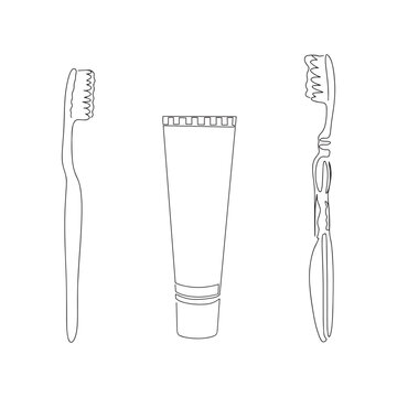 Logo template with vector illustration of a simple toothbrush line icon. Drawing with one line of toothbrush and paste. Vector
