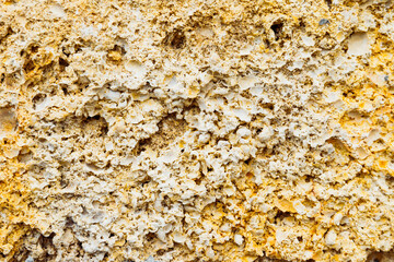 macro photo of yellow brown weathered limestone laid brick texture. full frame background close-up