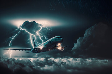 Obraz premium Thrilling Takeoff: Passenger Airplane Flees Lightning Strike in Thunderstorm, Generative AI