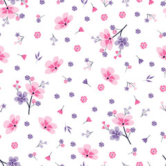 Obraz premium Dainty floral seamless surface pattern. Aesthetic allover floral arrangement. Flowery texture of bunch of scandi flowers
