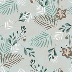 Floral seamless surface pattern. Allover floral arrangement. Composite overlay flowery texture of scandi flowers and palm leaves