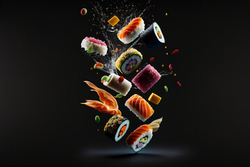 Fototapeta na wymiar Delicious sushi rolls and ingredients on black background, generative ai