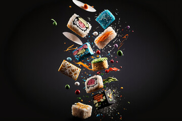 Obraz na płótnie Canvas flying sushi, generative ai