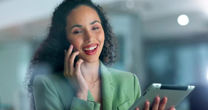 Phone call, tablet and a business black woman talking while doing internet research for a project in the office at night. Mobile, contact and communication with a female employee chatting at work