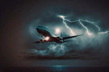 Fototapeta premium Aircraft Endures Thunderstorm During Takeoff, Narrowly Escapes Lightning Strike, Generative AI