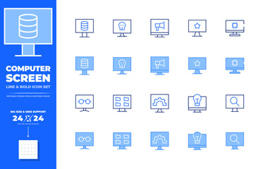 Computer screen icon set. UI icon. 24x24 pixel. Includes styles bold, line. Editable stroke. Duotone color. computer, reading mode, share, settings, idea, search.